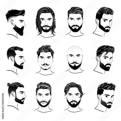 Set of men's different hairstyles and beards on white background. Collection of black silhouettes of hairstyles and beards. Vector illustration.