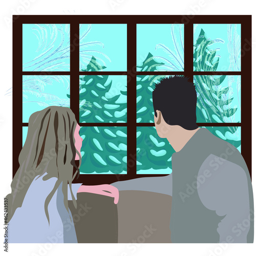 couple looking out of window  on winter landscape winter coming soon stay home