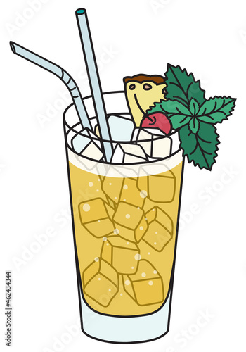 Barracuda classic New Era cocktail in highball glass. Yellow Caribbean tiki Rum based drink served on the rocks, garnished with mint, pineapple and cherry. Stylish doodle cartoon vector illustration.
