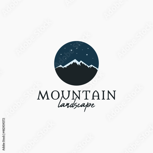 Mountain landscape vintage logo design at night with stars. For logo outdoor, adventure and club camp