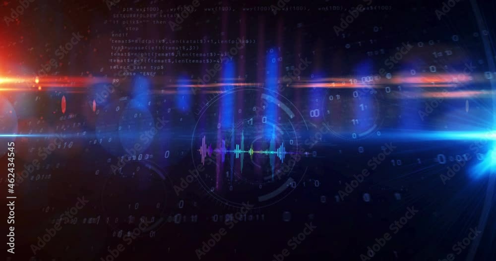 Audio spectrum voice neon sign concept, radio sound wave and disco music record volume signal. 3d rendering tunnel loopable and seamless animation. Futuristic loop abstract.