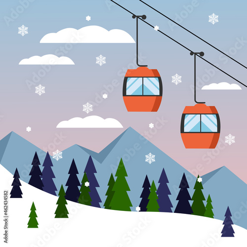 Red ski cabin lift for mountain skiers and snowboarders moves in the air on a cableway on the background of winter snow capped mountains. Vector illustration