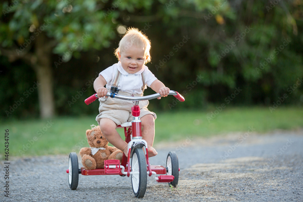 Cute toddler child, boy, playing with tricycle in backyard on sunset Cute toddler child, boy, playing with tricycle in backyard on sunset