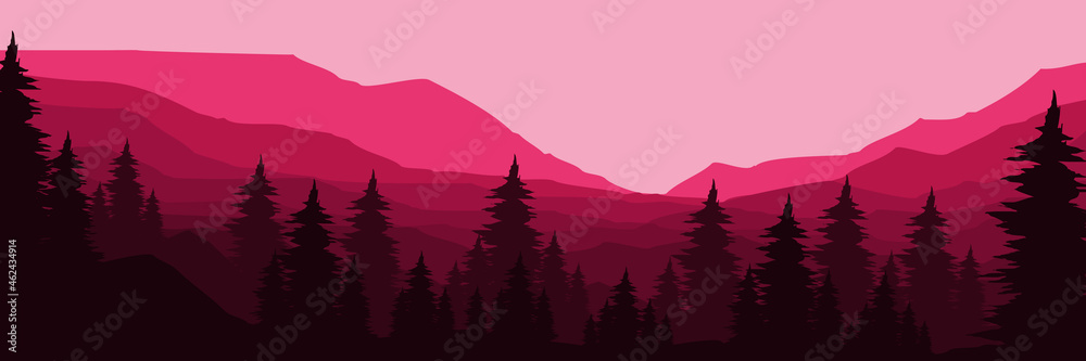 sunset at mountain forest flat design vector illustration good for wallpaper, background, backdrop, banner, tourism design, traveling and design template