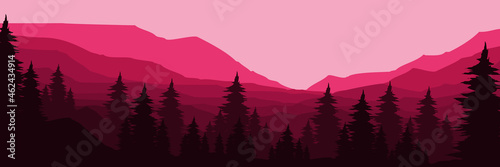 sunset at mountain forest flat design vector illustration good for wallpaper, background, backdrop, banner, tourism design, traveling and design template