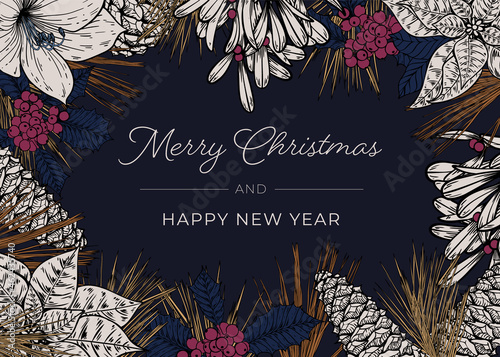 Christmas Floral Botanical Red and Blue Vector Card

