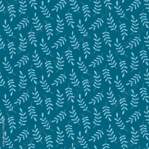 Seamless pattern of bright teal leaves on a dark teal background. 