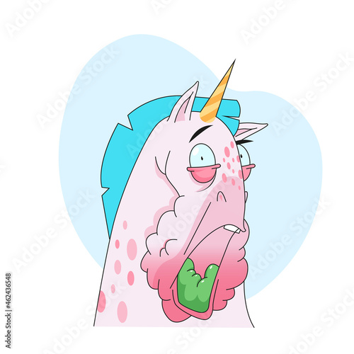 Funny unicorn cartoon character with vomit in mouth sticker. Emoticon of sick fairy horse, disgusted magical animal flat vector illustration isolated on white background. Fairytale, disgust concept