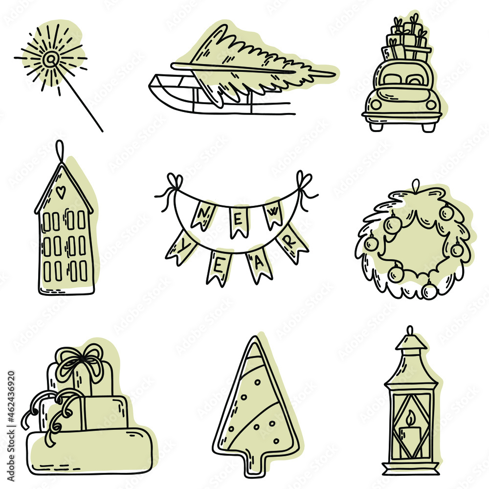 Fototapeta premium Vector collection of isolated illustration. New year cute elements: sparkler, Christmas tree on the sled, car with presents, house, new year flags, wreath, gifts, candle. Icon, stickers