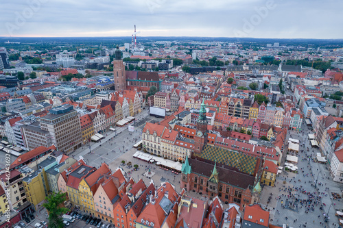 Wrocław, a city in Poland on a sunny and slightly cloudy day. Main Railway Station, Market Square in Wrocław and characteristic places.