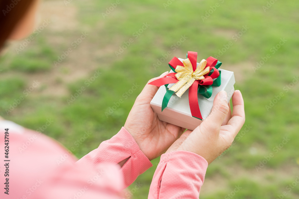 Hands female holding a gift wrapped with ribbon. Shallow depth of field with focus on the box. Hand woman giving a gift box in park for Birthday, Christmas, New year, Valentine's, Graduate, Celebrate. Hands female holding a gift wrapped with ribbon. Shallow depth of field with focus on the box. Hand woman giving a gift box in park for Birthday, Christmas, New year, Valentine's, Graduate, Celebrate.