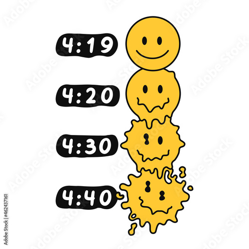 Funny melt smile faces. 420 marijuana, weed, cannabis print for poster, t-shirt, card. Vector hand drawn doodle cartoon character illustration. Isolated ob white background