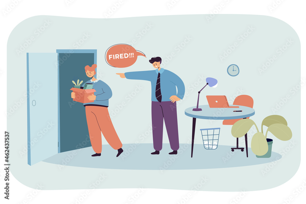 Angry businessman dismissing worker. Unhappy fired woman employee with box leaving office flat vector illustration. Bad conflict, layoff, unemployment, losing job place concept