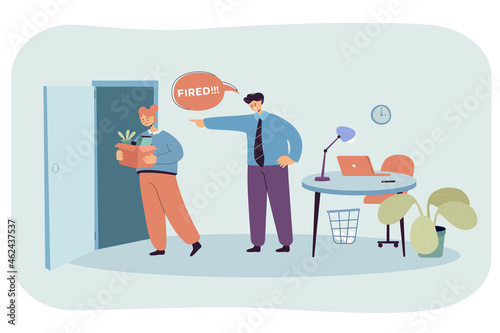 Angry businessman dismissing worker. Unhappy fired woman employee with box leaving office flat vector illustration. Bad conflict, layoff, unemployment, losing job place concept