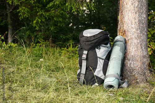 Backpack and sleeping mat in forest, space for text. Tourism equipment