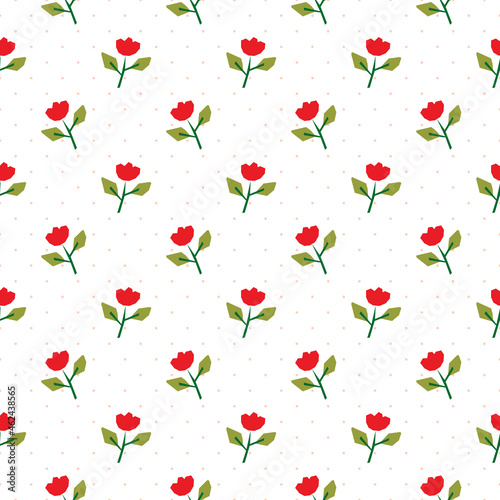 Seamless Pattern with Flower Art Design on White Background with Dots
