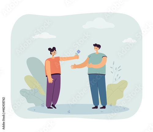 Woman giving flower to man on dating. Happy girl holding surprise love gift flat vector illustration. Romantic relationship, flirt concept for banner, website design or landing web page