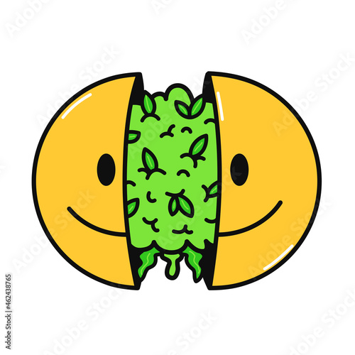 Two half of smile face with cannabis bud inside. Vector hand drawn doodle cartoon character illustration. Isolated on white background. Smile face, marijuana,weed print for t-shirt,poster,card concept