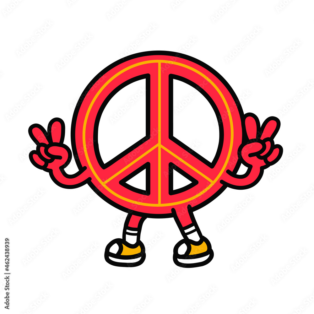 Obraz premium Pacifism sign show peace gesture. Vector hand drawn doodle 90s style cartoon character illustration. Isolated on white background. Funny peace sign,pacifist,pacifism,hippie cartoon mascot logo concept