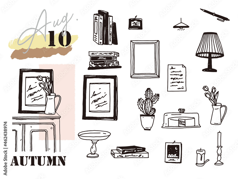 白黒 モノトーン 線画のイラスト 手書き オシャレ 雑誌 カフェ ファッション インテリア 花 ケーキ 本 Black And White Monotone Line Drawing Illustrations Handwritten Stylish Magazine Cafe Fashion Interior Design Flowers Cake Book Stock