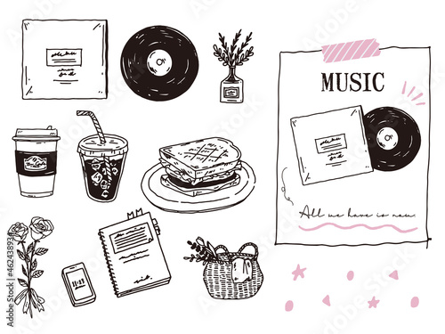 白黒、モノトーン、線画のイラスト(手書き、オシャレ、雑誌、カフェ、ファッション、コーヒー、レコード、サンドイッチ) Black and white, monotone, line drawing illustrations. Handwritten, stylish, magazines, cafes, fashion, coffee, records, sandwiches.