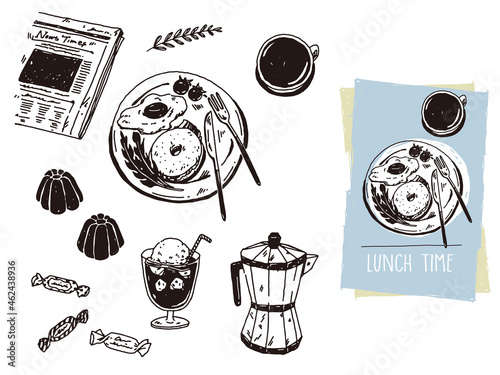 白黒、モノトーン、線画のイラスト(手書き、オシャレ、雑誌、カフェ、ファッション、コーヒー、カヌレ、ベーグル、英字新聞) Black and white, monotone, line drawing illustrations. Handwritten, stylish, magazine, cafe, fashion, coffee, canelle, bagel.