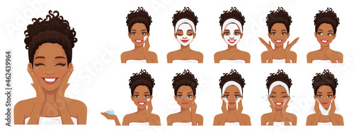 Beautiful african woman take care about her face set vector illustration