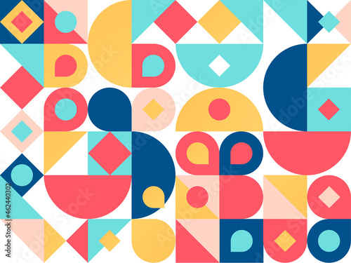 Abstract geometric backgrounds. Neo geo pattern, minimalist retro poster graphics vector illustration. Abstract pattern trendy with square and round colored 
