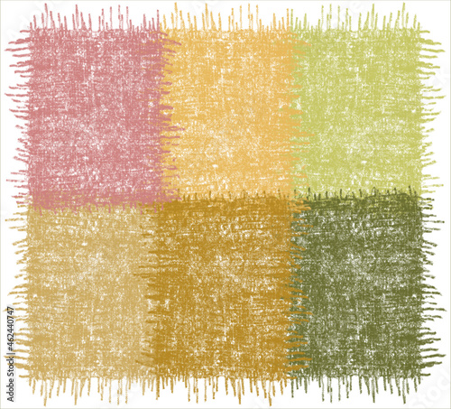 Checkered  rug, mat, carpet, plaid with grunge weave rough rectangular elements in green, yellow, violet pastel colors with fringe isolated on white