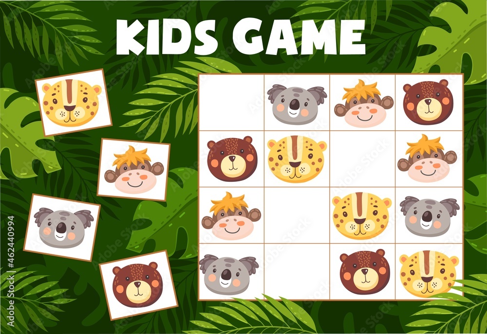 Sudoku kids game with funny animals, vector riddle with cartoon characters koala, leopard, bear and monkey on chequered board. Educational task, children teaser boardgame for baby sparetime activity