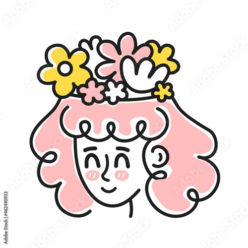 Cute woman head with flowers inside head. Good mood, mental health, emotional concept.Vector cartoon character illustration icon. Isolated on white backgound.Girl and flowers, woman in mental harmony
