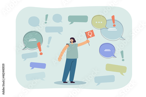 Feminist holding flag with feminine sign. Woman activist in protest movement in social media flat vector illustration. Girl power, feminism concept for banner, website design or landing web page
