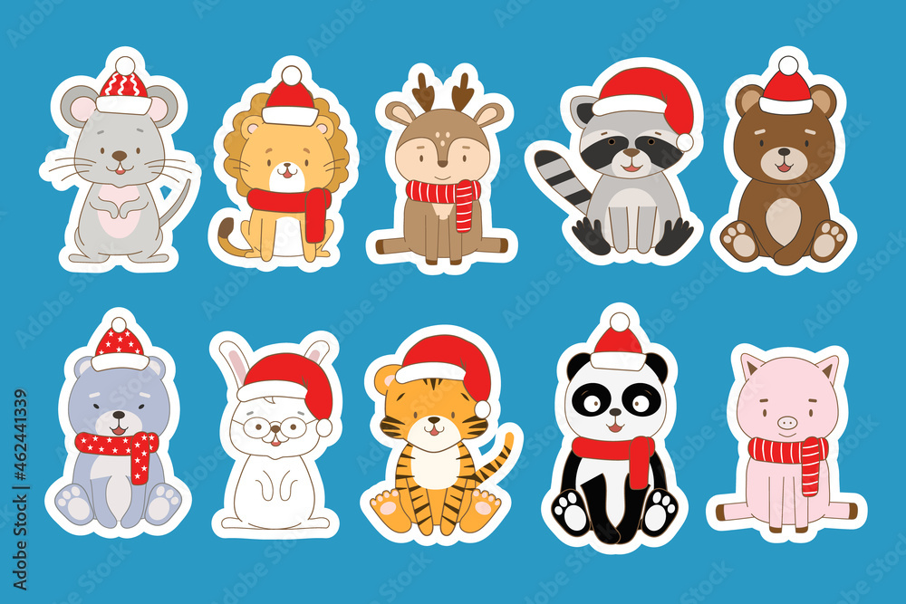 Set of New Year stickers with cute animals