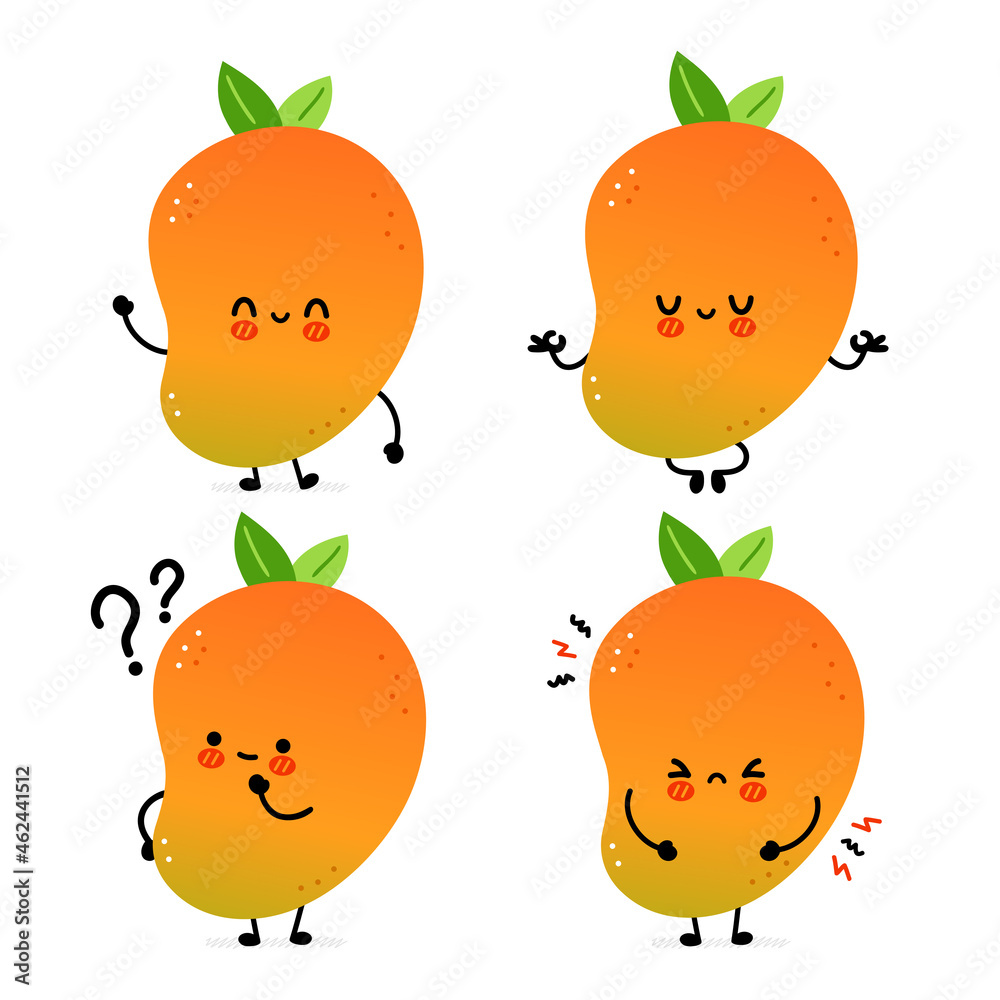 Cute funny mango fruit set collection. Vector hand drawn cartoon kawaii character illustration icon. Isolated on white background. Mango exotic baby fruit character bundle set concept Cute funny mango fruit set collection. Vector hand drawn cartoon kawaii character illustration icon. Isolated on white background. Mango exotic baby fruit character bundle set concept