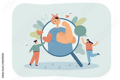 Cartoon woman showing fist and biceps as sign of female power and force. Other girls admiring her. Flat illustration. Feminism, woman empowerment concept for banner, website
