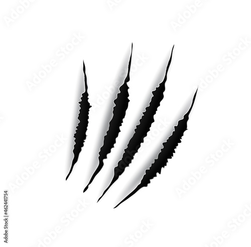 Animal claw mark scratches. Predator, bird of prey or monster paw slash attack ripping paper, breaking through wall realistic vector background. Wild animal, horror beast or cat sharp claws damage