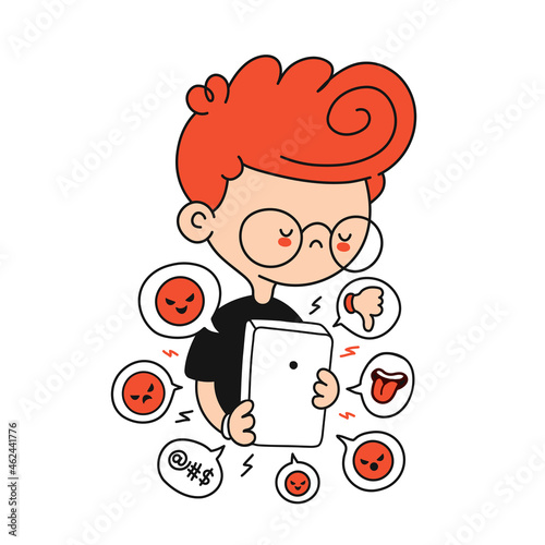 Kid boy getting bullied. Cyberbullying signs in smartphone. Vector cartoon character flat line illustration. Isolated on white background. Bullying at internet, cyberbullying, media concept