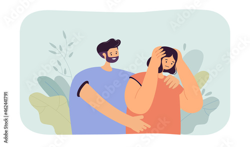 Man comforting and hugging sad woman. Hugs, love and care in couple of people flat vector illustration. Empathy, emotional support in family concept for banner, website design or landing web page