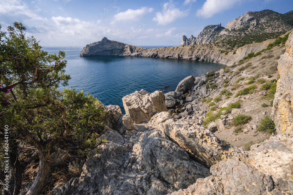 Novyi Svit, Crimea, Sudak. Cape named Kapchik, sea is Black Sea. Beautiful landscape with views of the mountains, sea, forest Novyi Svit, Crimea, Sudak. Cape named Kapchik, sea is Black Sea. Beautiful landscape with views of the mountains, sea, forest