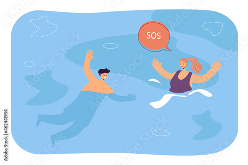Lifeguard rescuing woman drowning in water. Male lifesaver saving girl calling sos flat vector illustration. Emergency situation, swimming safety concept for banner, website design or landing web page