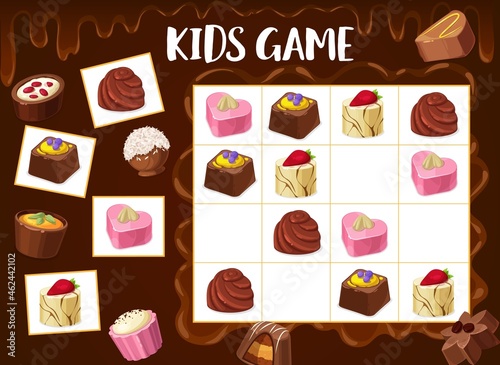 Sudoku game chocolate truffle, roasted nuts candy, praline sweets. Kids vector riddle with cartoon desserts on chequered board. Educational task, children training teaser for baby activity, boardgame