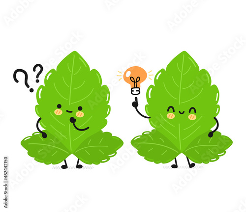 Cute funny stevia leafs character with idea lamp. Vector hand drawn simple flat cartoon kawaii character illustration icon. Isolated on white background. Stevia sugar leafs cartoon character concept