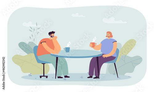 People drinking hot drink at cafe table together. Woman and man holding tea or coffee cups flat vector illustration. Conversation of two friends concept for banner  website design or landing web page