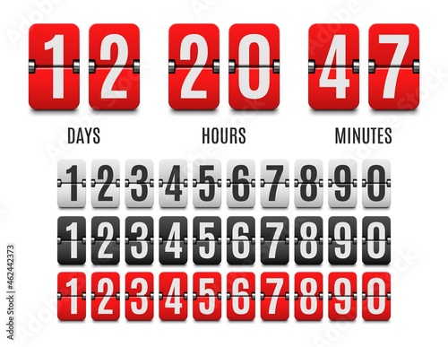 Flip countdown clock counter, count down flip board, time chronometer. Vector timer with days, hours and minutes, isolated numbers from one to zero. Board with date and time for event start