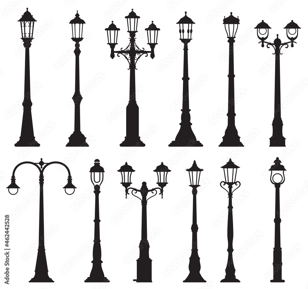 Isolated streetlight lamps, vintage lamppost or streetlamp and lanterns, vector silhouette icons. Old street light pillars, retro lantern poles or city illumination lampposts with gas or light bulbs