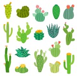 Cartoon Mexican or Peruvian desert cactus succulents with flowers, vector isolated icons. Summer cacti plants of aloe vera, agave and opuntia with blossom flowers, Mexico and Peru pricky plants