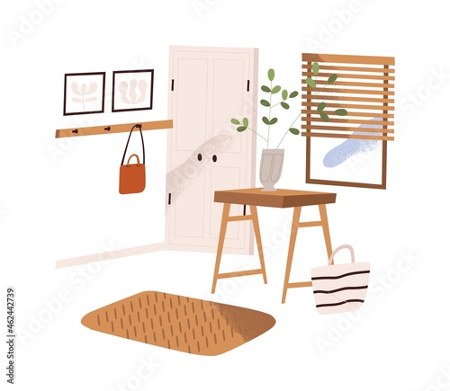 Home hallway interior design. Modern cozy antechamber with door, window, hook, plant and decor. Entry room in minimalistic Scandinavian style. Flat vector illustration isolated on white background