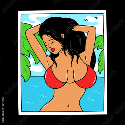 Young sensual sexy lady in bikini on summer beach. Vector cartoon character illustration design. Beauty sexy woman,girl picture art concept