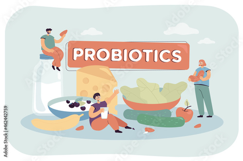 Tiny people on probiotic diet vector illustration. Woman drinking yogurt useful for gut, man with seed and lady with nut eating organic food: vegetables and fruits. Diet and health concept