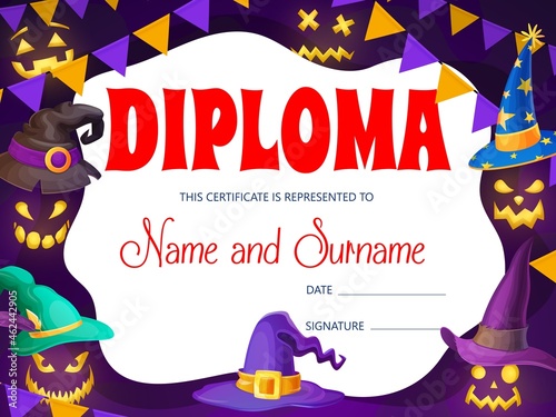 Halloween kids diploma with wizard and witch hats. Vector award frame with cartoon magic caps and spooky glow ghost faces. Educational school certificate template for party or holiday celebration